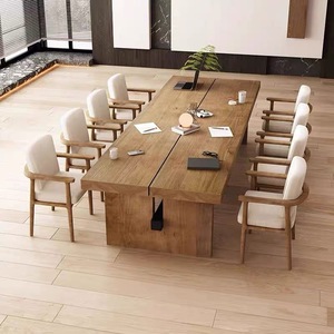 原木大板桌美式大型实木会议桌现代简约洽谈桌椅组合长餐桌工作台