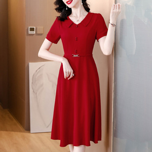女士红色连衣裙子减龄洋气时尚中年妈妈气质显瘦裙子2023夏季新款