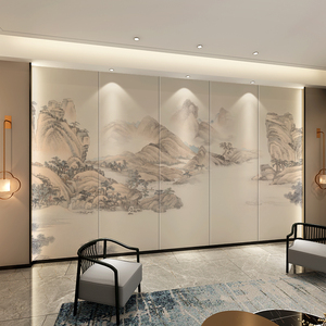 现代中式山水水墨中国风刺绣硬包背景墙定制客厅卧室沙发酒店饭店