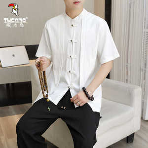 啄木鸟痞帅气中国风立领盘扣假两件衬衫男装夏季套装青年短袖唐装