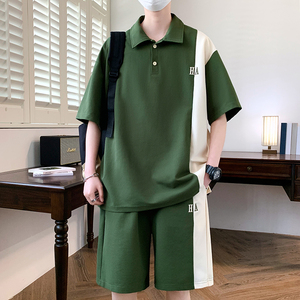 polo领短袖t恤男夏季冰丝套装休闲宽松运动服男生穿搭一整套衣服