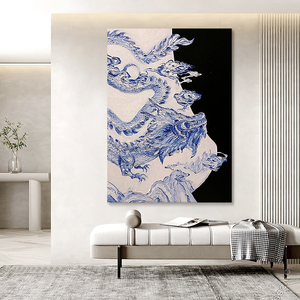新中式黑白抽象肌理手绘油画青色中国龙客厅装饰画中国风玄关挂画