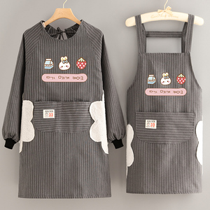 时尚洋气双层棉布围裙家用厨房防污耐磨长袖罩衣卡通干活工作服女