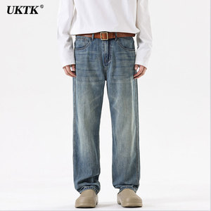 UKTK新款莱赛尔美式复古牛仔裤春季水洗宽松直筒垂坠感阔腿裤男士
