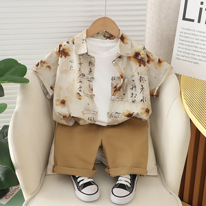婴儿衣服夏季洋气国风童装衬衫三件套装一周岁男宝宝唐装帅气夏装
