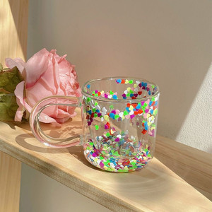 可爱少女啵啵杯流沙杯爱心流动双层杯玻璃水杯咖啡杯创意礼物杯子