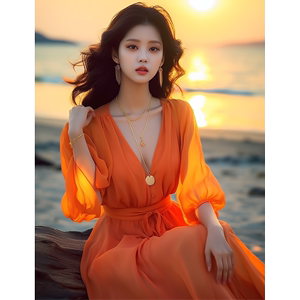 橘色雪纺连衣裙女2024春季新款高端精致法式绝美气质海边度假长裙