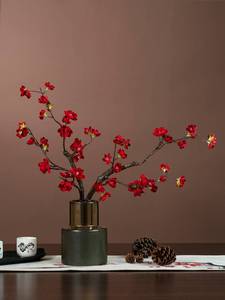 花格一间中式腊梅仿真花梅花红色假花干花枝摆件客厅餐桌摆设装饰