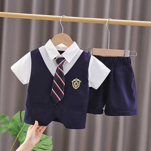 童装学院清货风假马甲两件套装夏季儿童时髦短袖衬衫男童西裤短裤