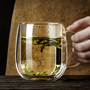 双层隔热玻璃杯带把手咖啡杯子家用喝水耐高温防烫马克水杯绿茶杯