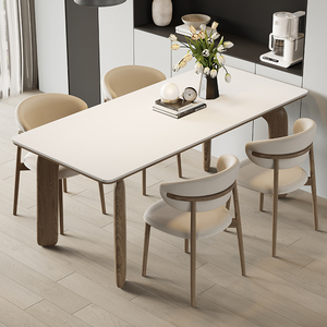 法式复古风白色实木餐桌现代简约进口白蜡木长方形大象腿岩板餐桌
