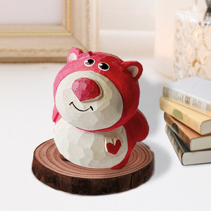 神工巧匠丨可爱粉色草莓熊木雕 桌面摆件手工雕刻 女生创意小礼品