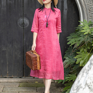 新中式刺绣棉麻连衣裙女夏季大码高级感气质改良旗袍式盘扣中长裙