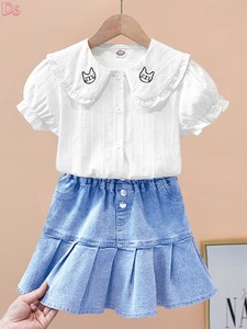 迪士尼女童牛仔裙百褶裙甜美夏季白色短袖衬衫韩版夏装套装两件套