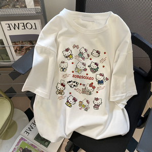 夏季新款日系可爱kitty猫短袖t恤女韩版慵懒风宽松纯棉半截袖上衣