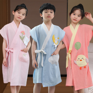 夏季儿童浴袍男童可穿式睡衣家用纯棉纱布浴巾儿童女孩游泳吸水