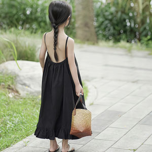 韩版童装女童黑色连衣裙23夏季洋气儿童吊带裙宝宝时髦度假风网红