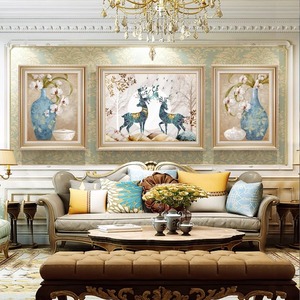 沙发背景墙装饰画欧式壁画麋鹿三联画美式轻奢高档风墙画客厅挂画
