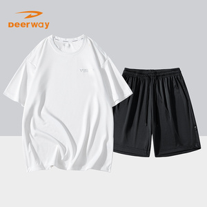 德尔惠夏季运动服男士冰丝薄款健身休闲速干跑步短袖短裤两件套装