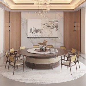 新中式电动大圆桌实木岩板转盘酒店会所包厢20人商用定制桌椅组合