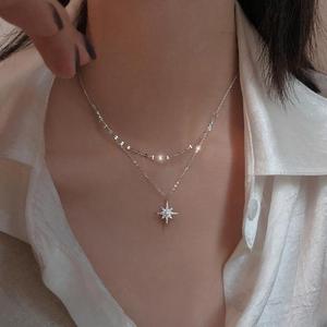 s925 sterling Silver Star Moon Double Necklace Women Clavicl