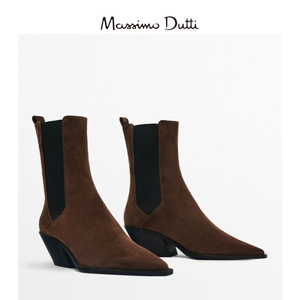 Massimo Dutti女鞋2023新款棕色尖头绒面真皮高跟踝靴切尔西短靴