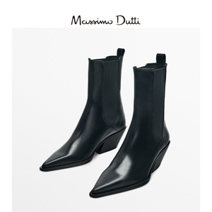 Massimo Dutti女鞋2023秋季新款黑色尖头真皮高跟踝靴切尔西短靴