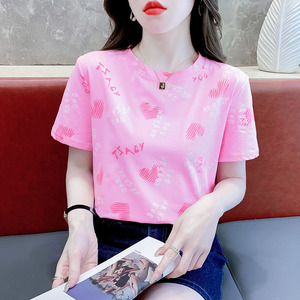 李宁适用粉色纯棉宽松短袖t恤女2024夏季设计感爱心字母印花体恤