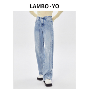 LAMBOYO新款chic阔腿百搭牛仔裤设计师宽松直筒休闲淡蓝色长裤女
