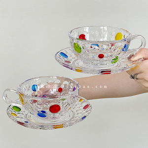 高颜值新款彩绘圆点咖啡杯碟套装创意设计感彩色带把玻璃牛奶杯碟