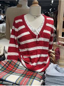 Brandy BM新款宽松V领红白条纹毛衣外套 bm麻花套头针织衫上衣女