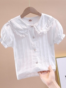 戴维贝拉女童新款衬衣短袖2024夏季领上衣洋气泡泡袖儿童白色衬衫
