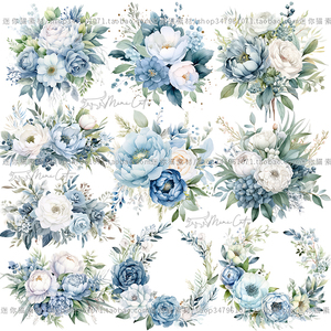 水彩蓝白色牡丹鲜花束花卉边框花环婚礼装饰手账插画PNG设计素材