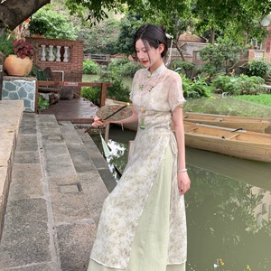 新中式禅意茶服国风高端女装夏季竹子旗袍裙文艺连衣裙两件套装女