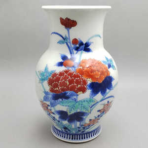 中古日本回流陶瓷家居摆件花瓶人间国宝今右卫门手绘锦牡丹纹花器