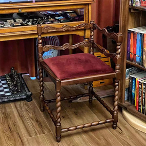 法式复古餐椅实木扶手靠背椅中古vintage家具转角椅小户型梳妆椅