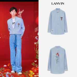 代购LANVIN/浪凡外套成毅同款2023早秋男士贴花细节条纹简约衬衫