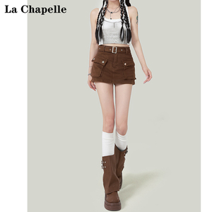 拉夏贝尔咖啡色设计感牛仔短裙裤女2024年夏季小个子百搭a字热裤