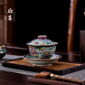 景德镇老陶泥三才盖碗粉彩百子图陶瓷家用泡茶碗茶杯单个茶具套装