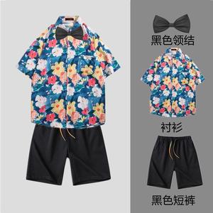 兄弟团衣服搞笑短袖衬衫裤子一整套接亲结婚伴郎服男夏天套装服装