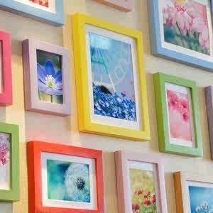 包邮实木照片墙彩色简约相框墙15创意组合送卡纸画芯中小型墙面