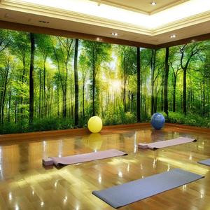 瑜伽舞蹈绿色森林背景墙纸3D大自然风景酒店餐厅墙布清新卧室壁画