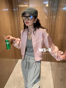 醋酸缎面棒球服女甜酷2024春新款美式粉色丝滑工装夹克短外套潮