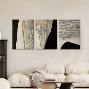 黑白抽象纯手绘油画玄关装饰画侘寂风线条色块极简客厅挂画三联画