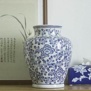 新中式陶瓷花瓶中古青花瓷大肚子大口径瓷瓶中式青花玄关复古摆件