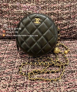 代购Chanel香奈儿经典款 黑色羊皮 复古金球圆形 圆饼 羊皮链条包
