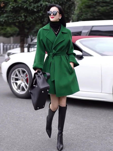 气质绿色双面羊绒大衣女新款秋冬欧货高端小个子系带西装毛呢外套