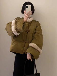 中式国风芥末绿色棉服女冬季轻熟风小个子小众设计感显瘦加厚外套