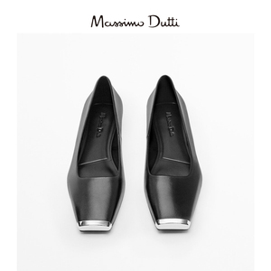 Massimo Dutti女鞋2024春季新品金属方头单鞋黑色真皮平底芭蕾鞋