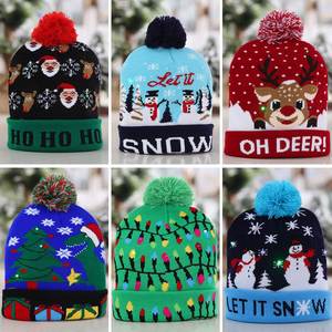 圣诞帽子秋冬款时尚圣诞节LED灯针织帽彩灯派对保暖成人带球帽子